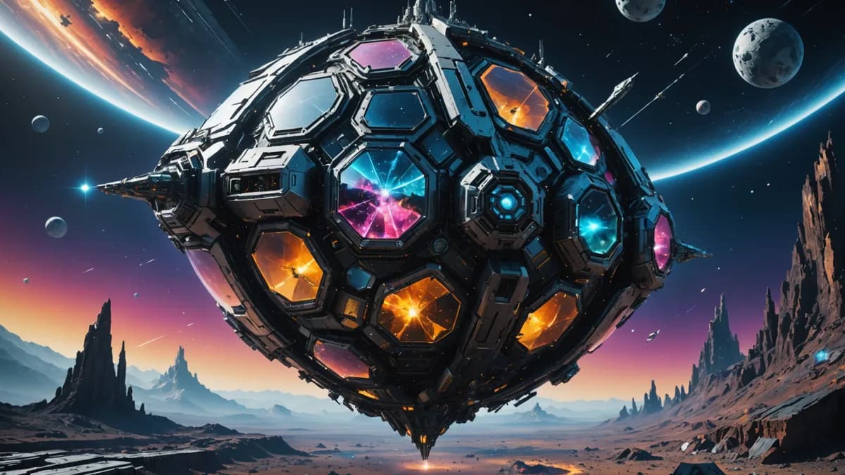 A detailed, conceptual shot of a delicate, complex crystalline structure floating in space, representing an AI 'Sanction' algorithm, next to a simple, rugged old satellite—the contrast between the hyper-advanced weapon system and the crude civilian tool t