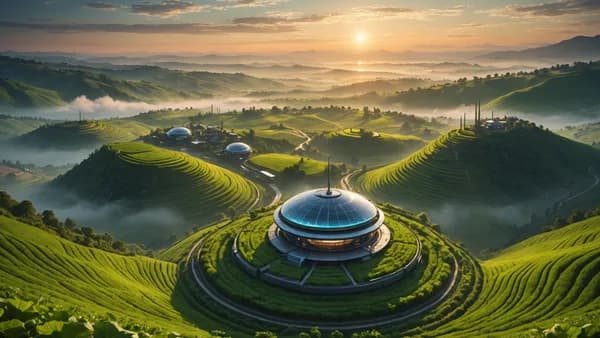 Digital art, cinematic lighting, futuristic. A wide, peaceful shot of a lush, terraced agricultural commune nestled in a misty valley at dawn. A single, graceful arc of a wireless energy receptor tower gleams softly at its center, connected to nothing but