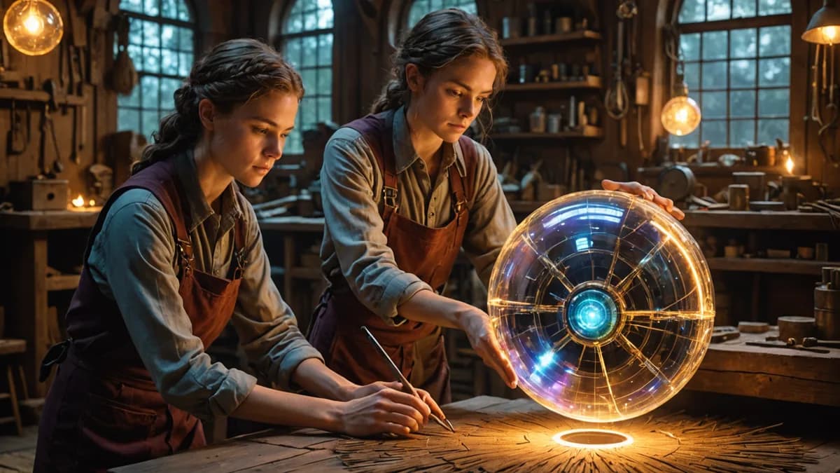 Digital art, cinematic lighting, futuristic. A medium scene inside a warm, wood-paneled communal workshop. A young technician (Grace) and an older farmer (Elara) are gently handling a glowing, crystalline 'Orb' resting on a woven mat, its light casting in