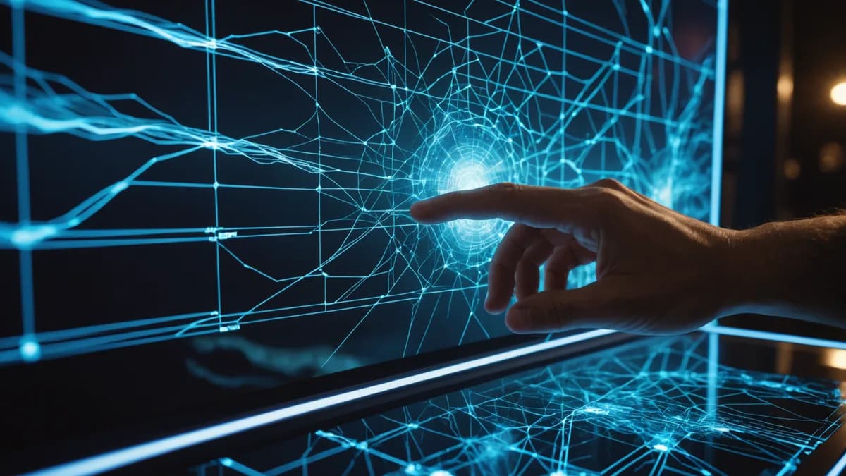 Digital art, cinematic lighting, futuristic. A conceptual detail shot focusing on a person's hand touching a transparent screen. The display shows a dynamic, glowing map of energy flows, depicting not a hierarchical grid but a peer-to-peer web of light co