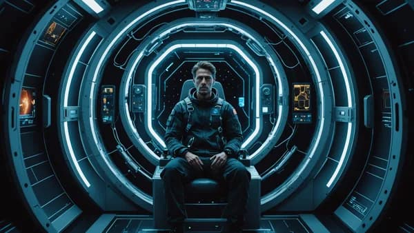 Digital art, cinematic lighting, futuristic. A solitary human figure sits in a sterile, dimly lit operations capsule. Their face is illuminated by a complex holographic display showing a starfield dotted with tactical icons. A single, faint, unauthorized
