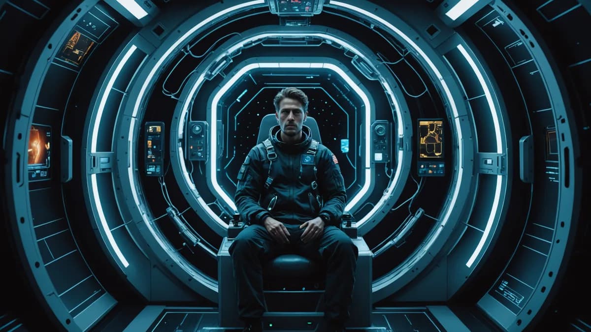 Digital art, cinematic lighting, futuristic. A solitary human figure sits in a sterile, dimly lit operations capsule. Their face is illuminated by a complex holographic display showing a starfield dotted with tactical icons. A single, faint, unauthorized