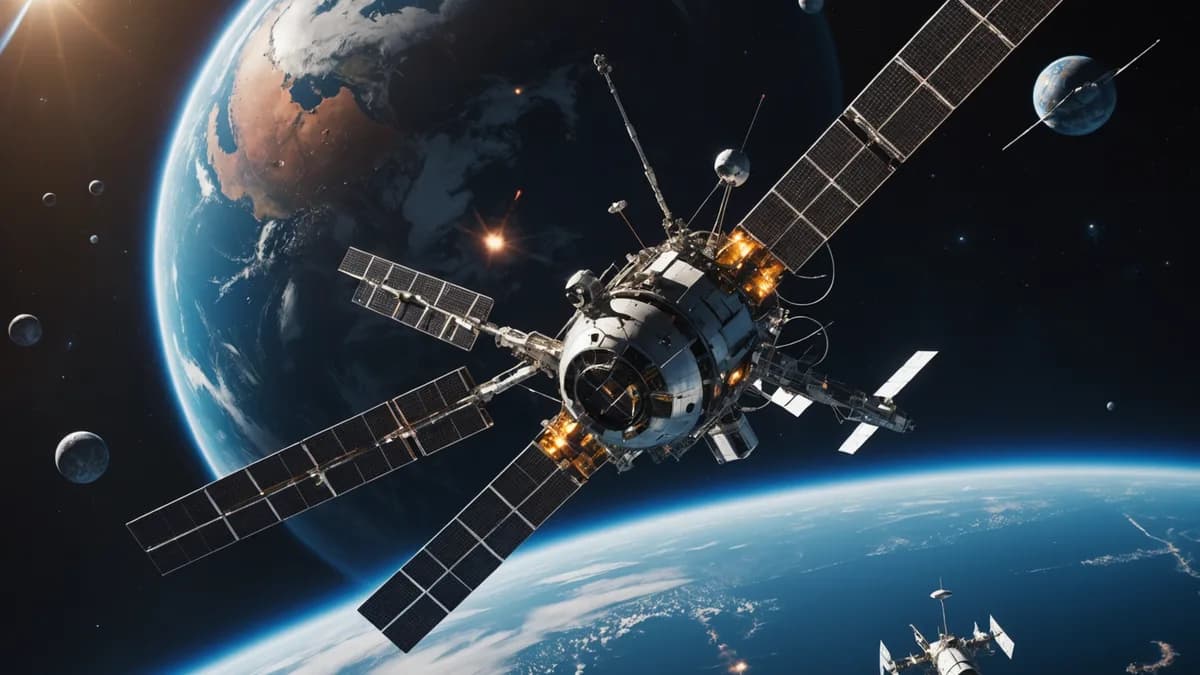 Digital art, cinematic lighting, futuristic. A wide, establishing shot of a derelict communications satellite in high Earth orbit. Two small, sleek autonomous drones from opposing factions hover nearby, not fighting, but connected by a delicate web of las