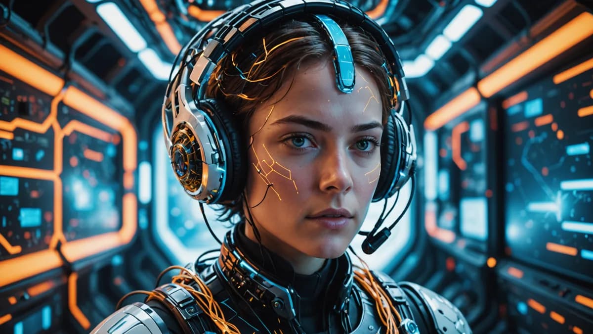 Digital art, cinematic lighting, futuristic. Conceptual detail shot. A complex neural interface headset floats in zero gravity, glowing with intricate, circuit-like patterns. From its core, two strands of light—one cool blue, one warm amber—are tangled to