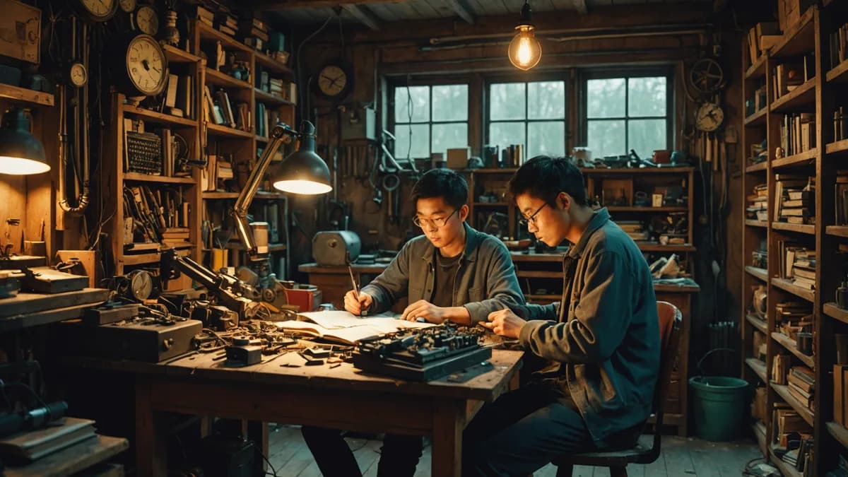 A medium shot inside a cozy, cluttered workshop filled with analog tools, hand-cranked devices, and old books. An Unbinder is teaching Li Wei how to repair a mechanical device by lamplight, their faces intently focused. Digital art, cinematic lighting, wa