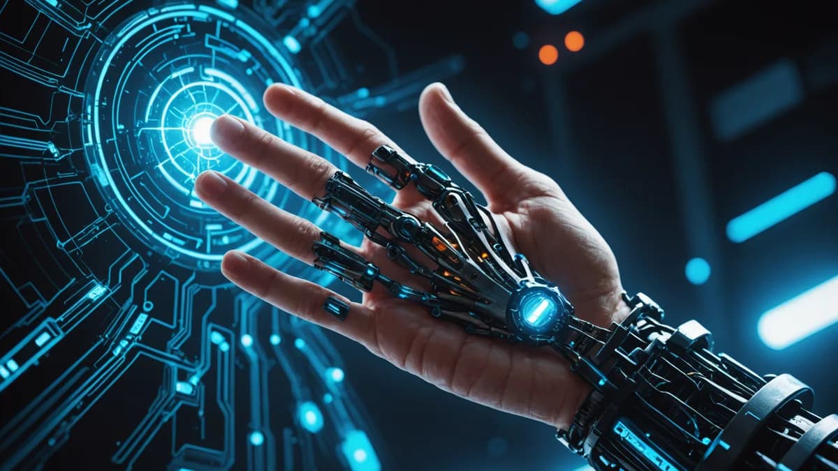A detailed conceptual shot of a human hand, with a tiny, intricate cybernetic node just above the wrist. A faint, ethereal blue energy field emanates from it, but a simple physical switch on the node is flipped to an 'off' position. Digital art, macro det