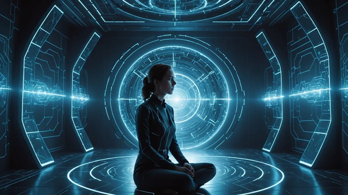 WIDE SHOT: A lone woman, Dr. Elara Vance, sits before a massive, translucent quantum core interface in a serene, minimalist chamber. Soft blue light emanates from the core, illuminating floating holographic models of ancient cryptographic keys disintegrat