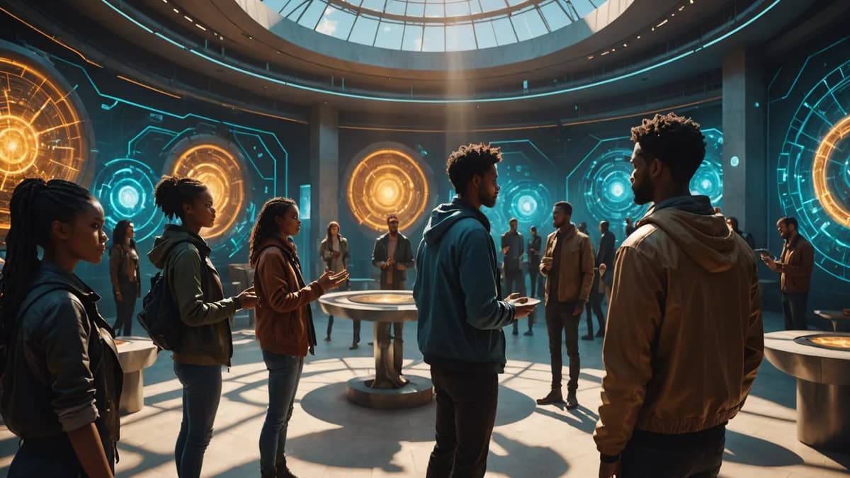 MEDIUM SCENE: A diverse group of people in a sunlit community hub, engaging in a complex, graceful hand ritual to initiate a private conversation. Visible on the walls are artistic, light-based sculptures visualizing mathematical ciphers. Digital art, cin