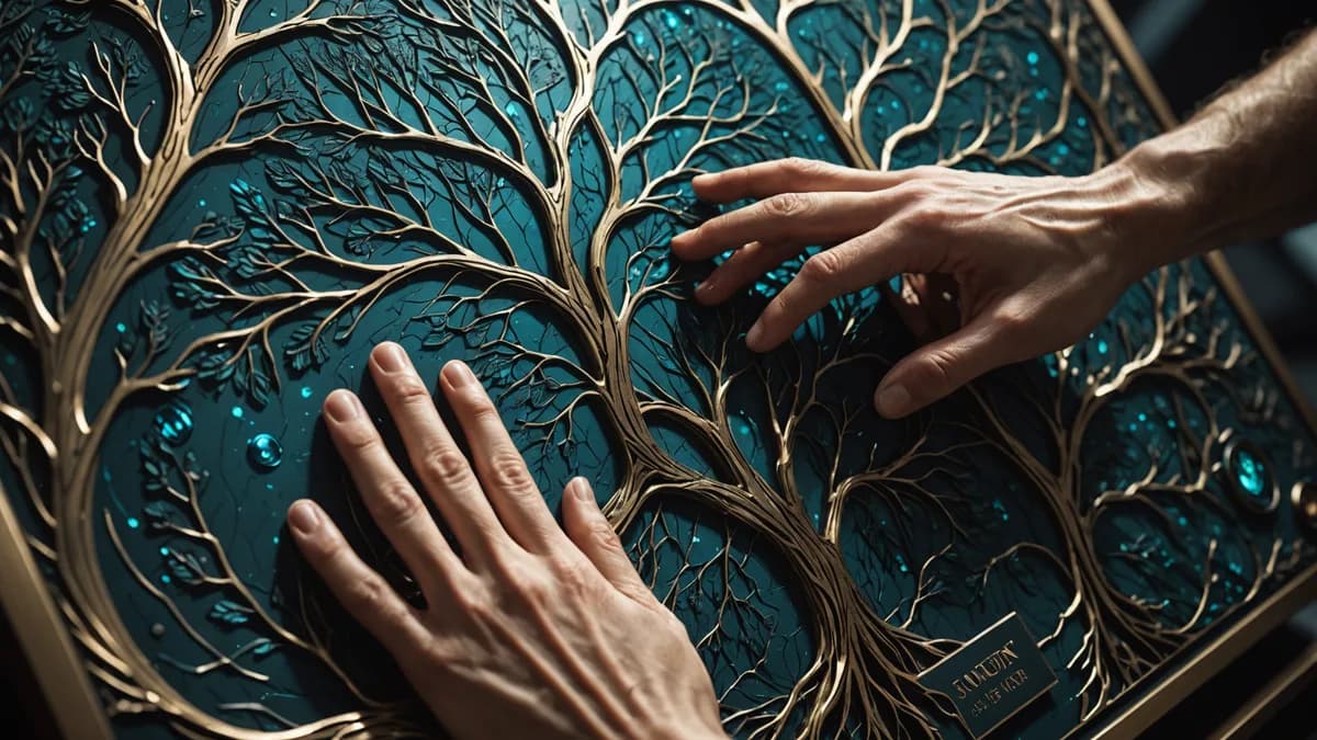 DETAIL/CONCEPT: A close-up of a physical, intricately engraved metal plaque being touched by many different hands. The engraving shows an abstract, beautiful pattern that evokes both a neural network and a tree's roots. Light catches the fingerprints on i