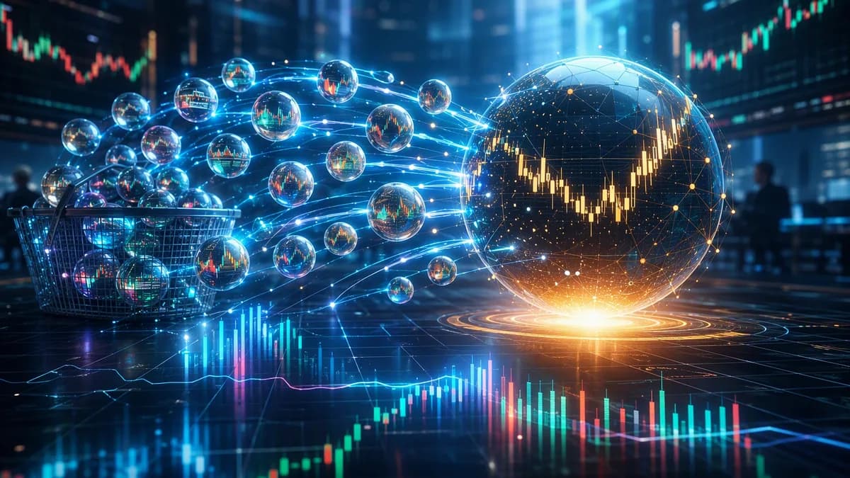 Dominant tokenized stock sphere amid smaller tokens and market charts, suggesting trading concentration risk.