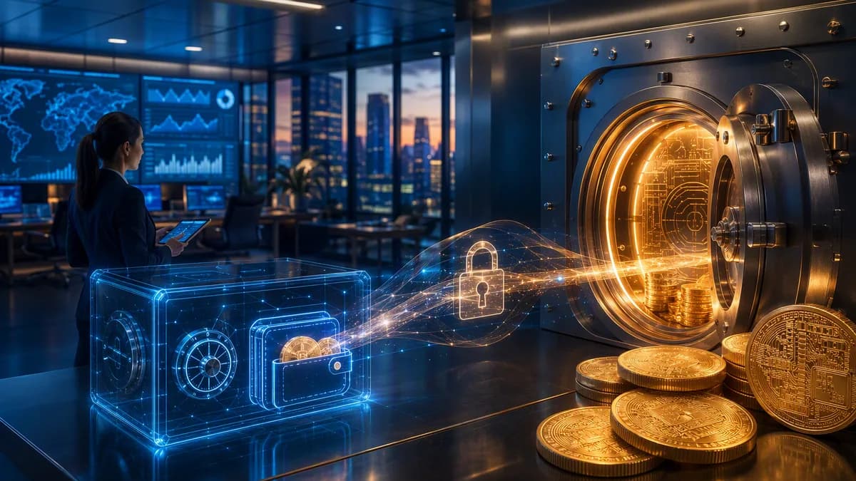 Digital vaults and crypto coins depict a major bitcoin collateral transfer in a fintech setting.