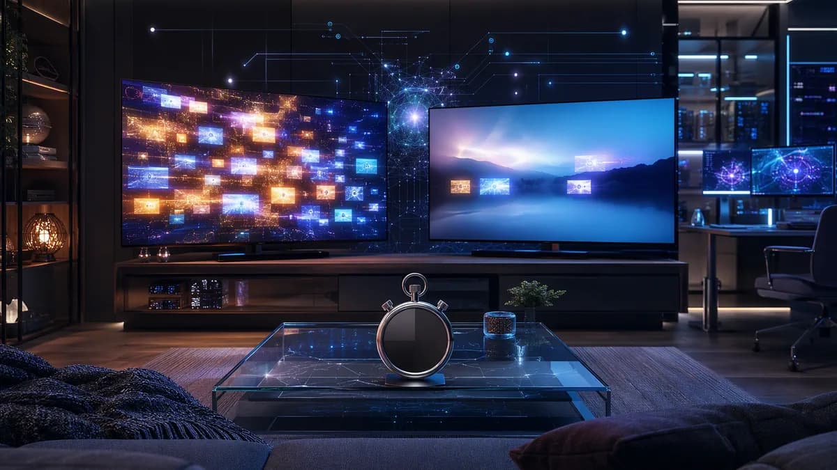 Futuristic media room comparing two ad-heavy free streaming screens with abstract analytics and a stopwatch.