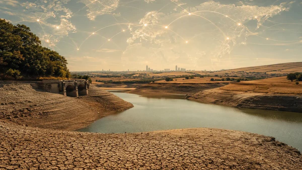 Parched England and Wales landscape with low reservoirs under heatwave skies and global climate map overlay
