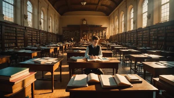Wide establishing shot: A grand, old-library classroom with sunlight streaming through high windows onto wooden desks. A single student sits amidst stacks of physical books, while holographic data panels float untouched in the background. Digital art, cin