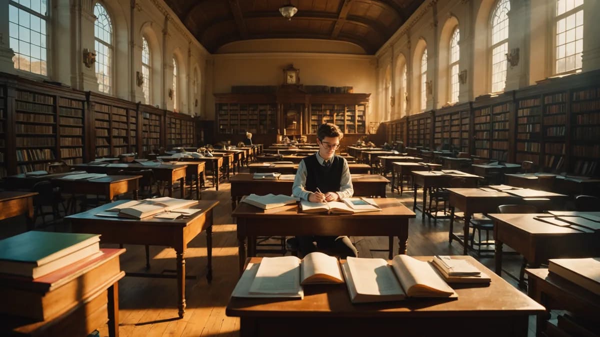 Wide establishing shot: A grand, old-library classroom with sunlight streaming through high windows onto wooden desks. A single student sits amidst stacks of physical books, while holographic data panels float untouched in the background. Digital art, cin