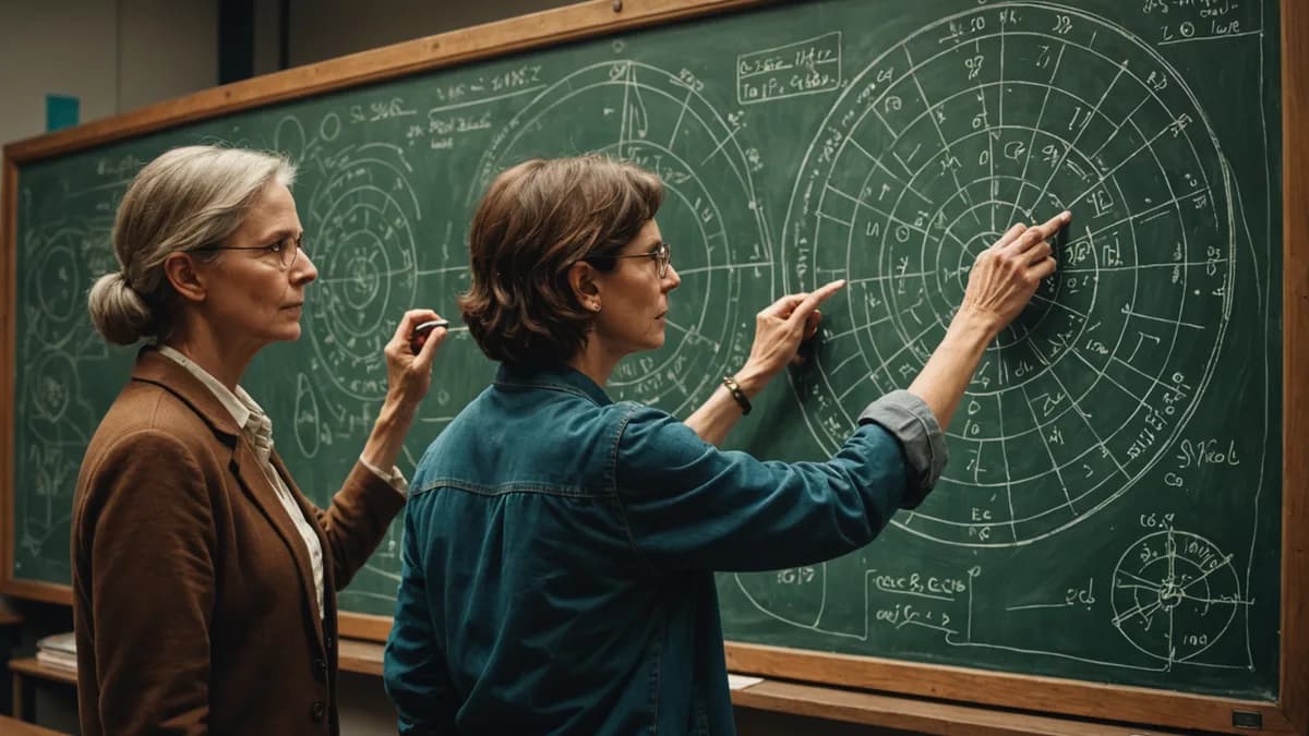 Medium scene: A teacher in her 50s points to a complex, hand-drawn diagram on a physical chalkboard, gesturing passionately. A teenage student looks up from a antique astrolabe in his hands, his eyes wide with a sudden, unexpected insight. Digital art, dr