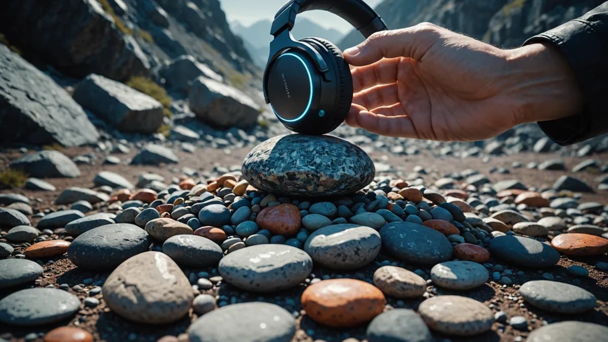 Detail/concept shot: A close-up of a human hand placing a simple, smooth stone on a pile of other stones alongside a sleek, dormant neural interface headset. The composition symbolizes the choice between raw, tactile curiosity and seamless digital transfe