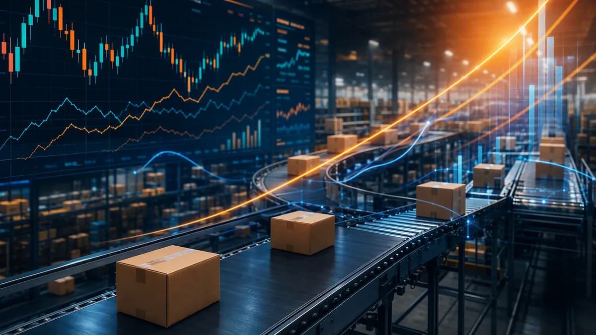 Unbranded parcels in a logistics hub with glowing market charts symbolizing higher margins on fewer shipments.