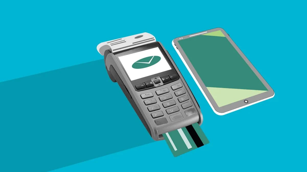 Decorative cardboard appliques of POS terminal with credit card near cellphone with app on screen during money transaction on blue background