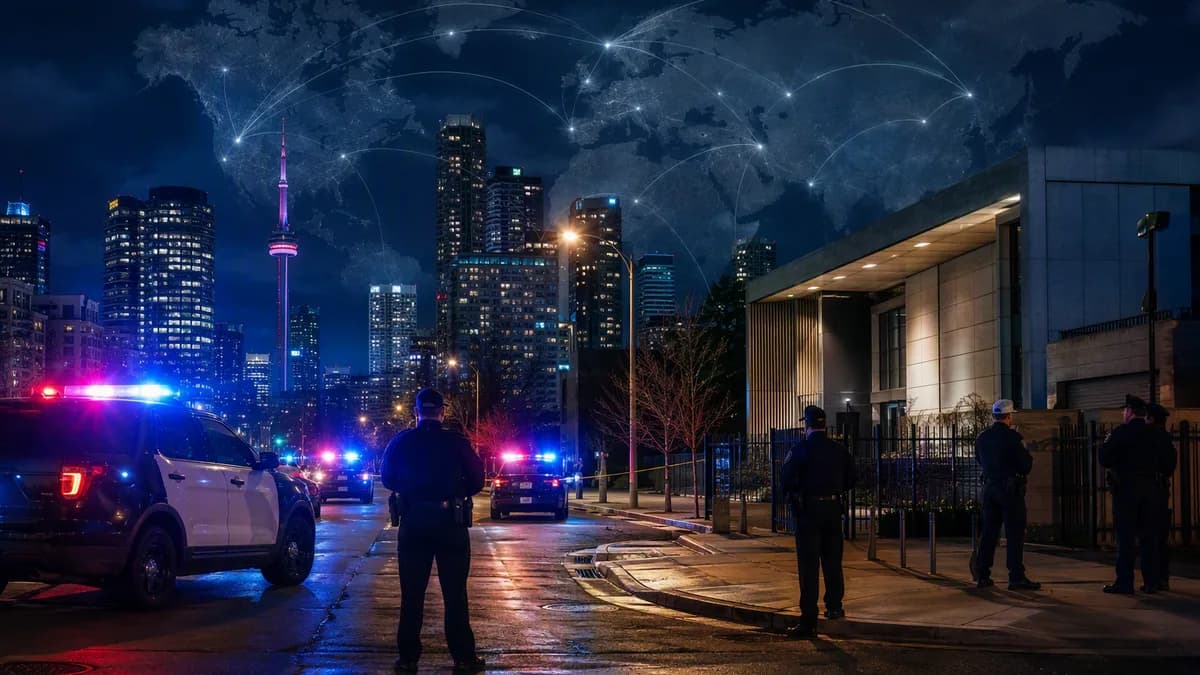 Police secure a Toronto diplomatic district at night with a world map overlay suggesting global security concerns.