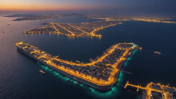 Aerial view of the Strait of Hormuz with Larak Island at twilight, symbolizing geopolitical tensions in global oil trade routes.