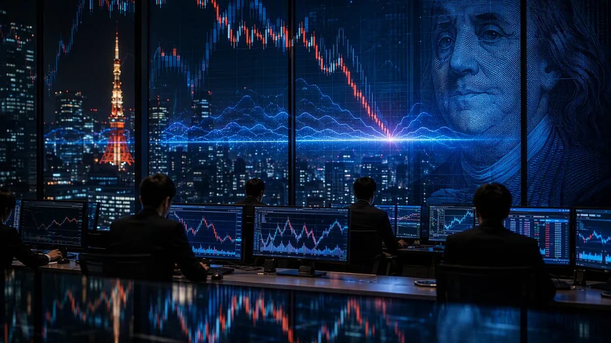 Tokyo forex trading desk with abstract yen-dollar market charts and intervention tension