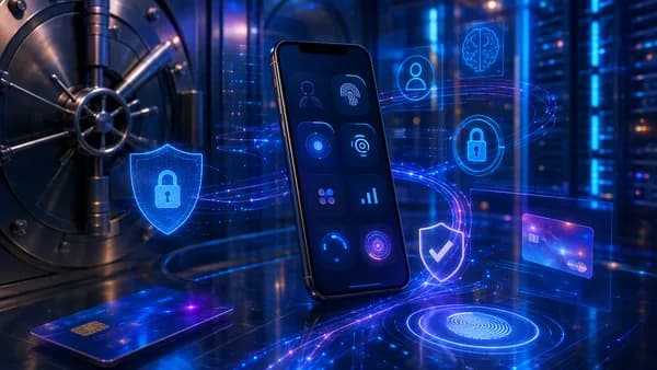 Smartphone banking app with biometric fraud detection visuals and secure digital payment network