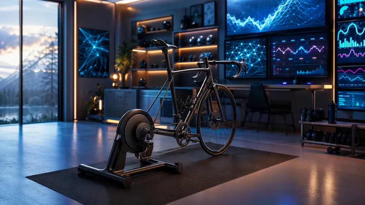 Smart indoor bike trainer in a futuristic home fitness tech space with abstract data screens.