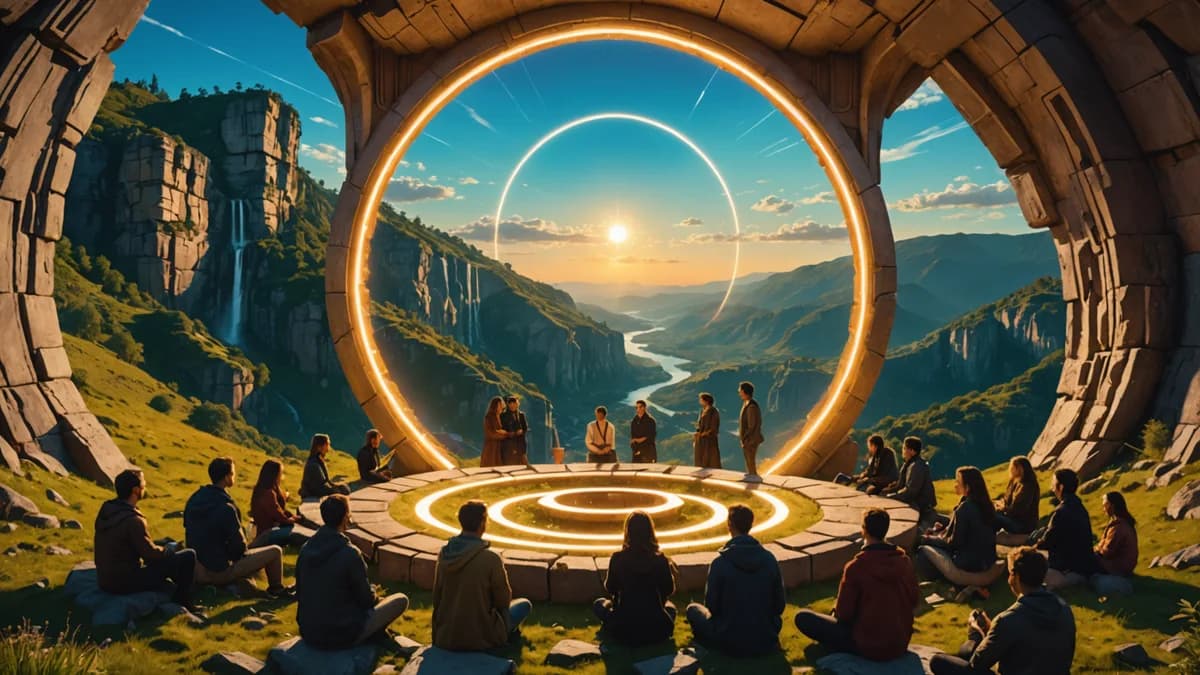 A wide, serene establishing shot of an open-air, circular forum carved into a cliffside, overlooking a lush, terraced valley. Citizens are gathered, their faces illuminated by soft, floating data-ghosts representing proposals. At the center, Elias stands