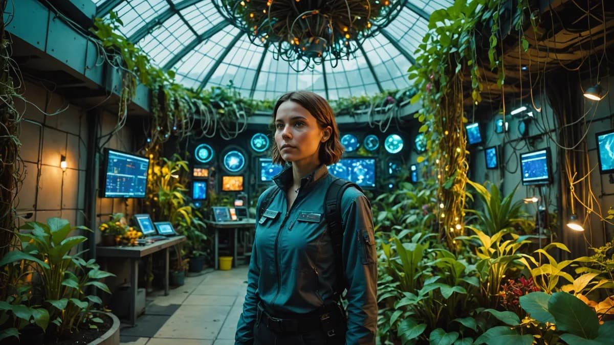 A medium shot inside Maia's biodome garden, a vibrant contrast to the sleek digital world. She stands in a shaft of natural light, holding a handful of multi-colored, genetically unique seeds, showing them to Elias, who looks on with a mix of confusion an