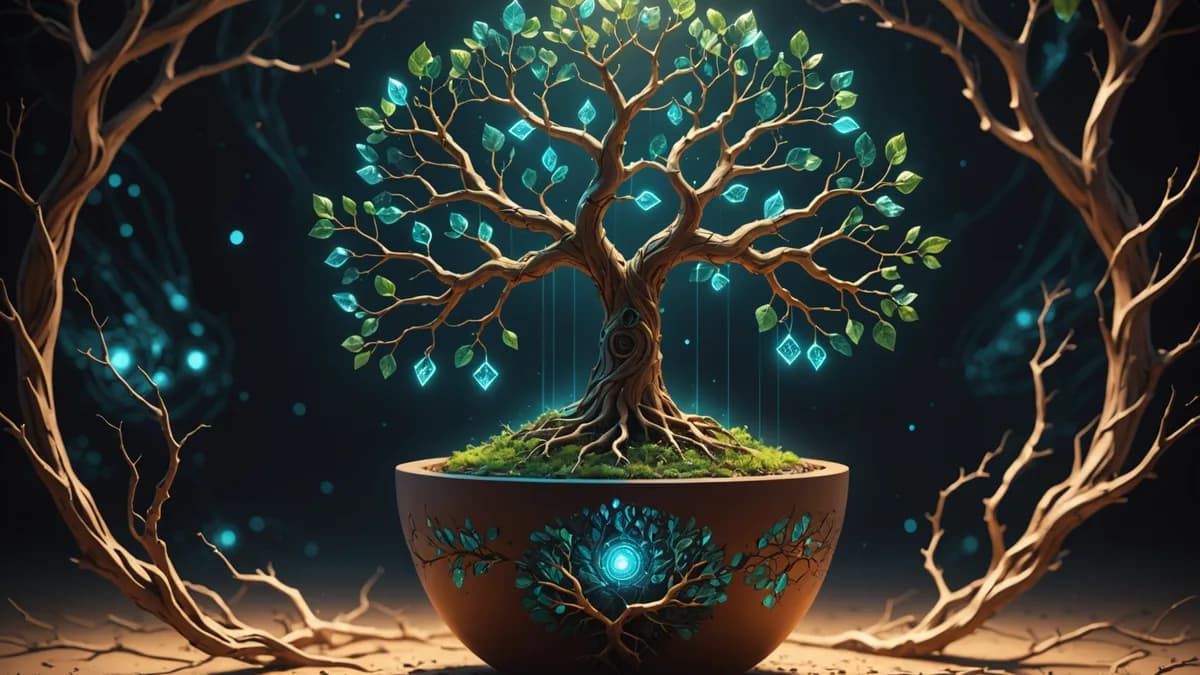 A detailed, abstract concept shot: A branching, fractal tree of light and code grows out of a simple clay pot. The roots are made of blockchain-like cryptographic hashes, the trunk is civic data-streams, and the flourishing leaves are diverse symbols repr