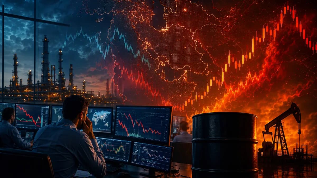 Volatile oil market scene with trading screens, crude barrel, refinery silhouettes and Middle East risk visuals.