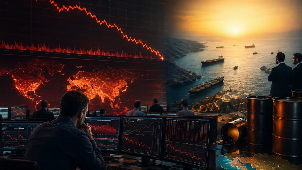 Oil trading desk with falling crude chart, barrels, tankers, and market data amid easing geopolitical risk.