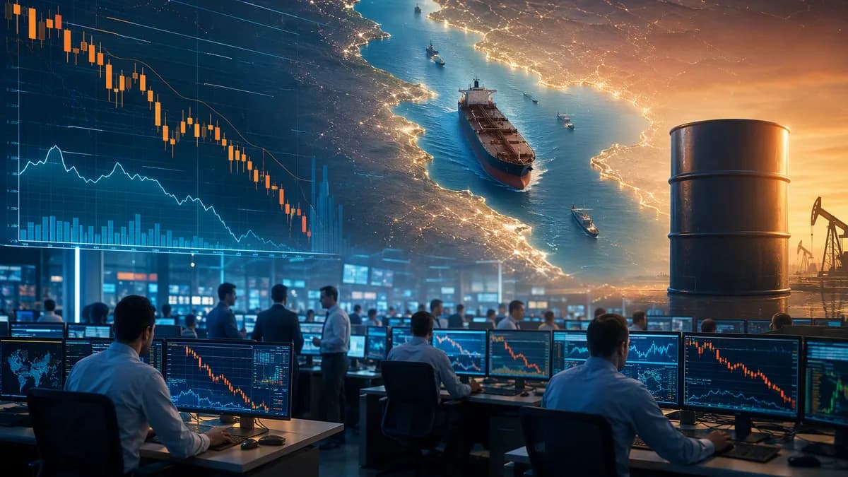Oil trading floor with falling charts and Strait of Hormuz visuals as geopolitical risk eases