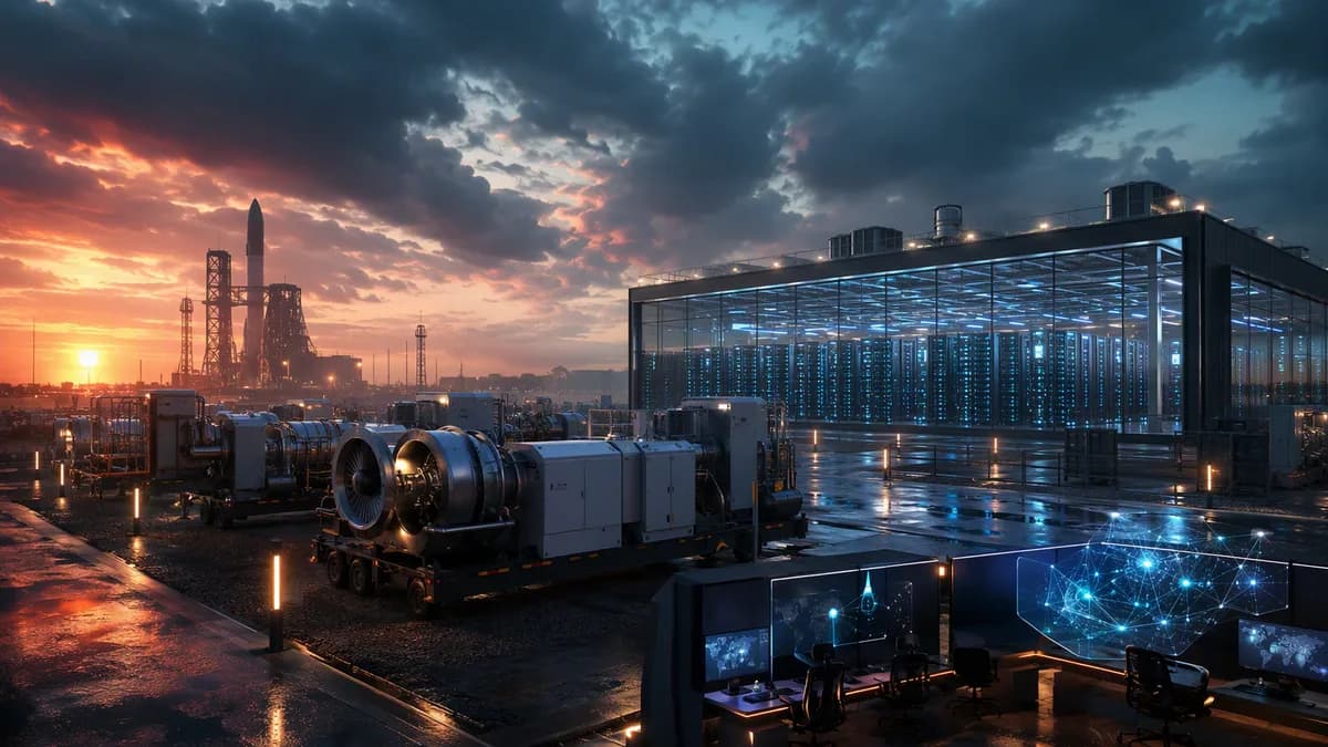 Gas turbines powering a futuristic AI data center near a rocket facility at dusk.