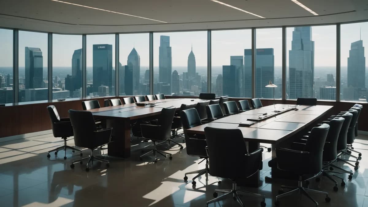 A dramatic, empty boardroom seat awaits, symbolizing a contested corporate election in a modern bank.