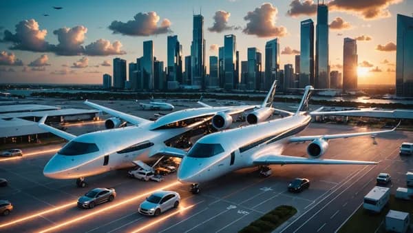 Futuristic airport innovation hub with AI screens, overlooking a Miami skyline and a subtly implied aviation incident.