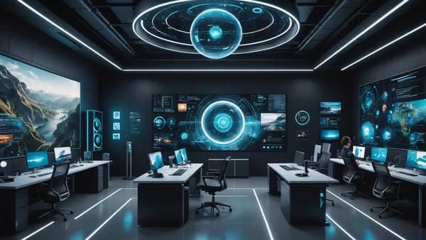 Futuristic Android interface with holographic overlays and AI tools in a sleek tech workspace.