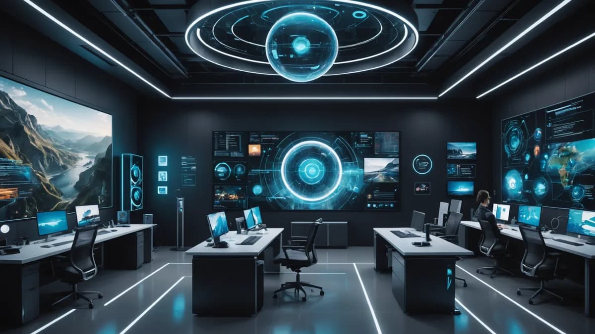 Futuristic Android interface with holographic overlays and AI tools in a sleek tech workspace.
