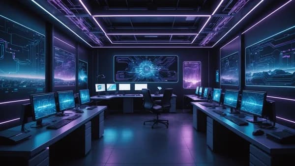 A futuristic tech hub with glowing AI neural networks and holographic data under dramatic cinematic lighting.