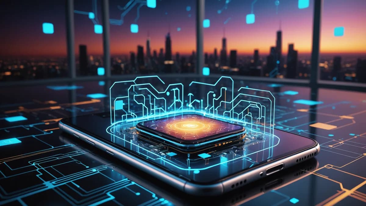 A futuristic tech workspace with a glowing translucent iPhone silhouette, holographic AI neural networks, and floating data screens.