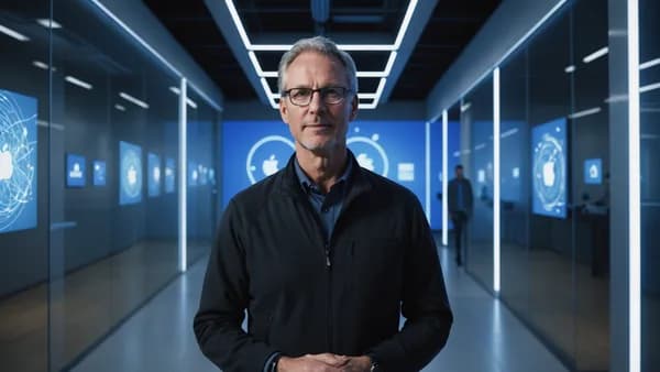 Visionary leader in an Apple innovation hub at night, gesturing towards holographic product schematics with neural network motifs.