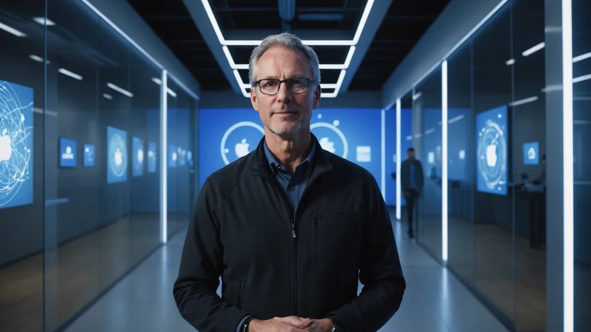 Visionary leader in an Apple innovation hub at night, gesturing towards holographic product schematics with neural network motifs.