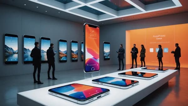 A futuristic display of iPhone generations highlighting a pricing shift, with holographic charts indicating price increases.
