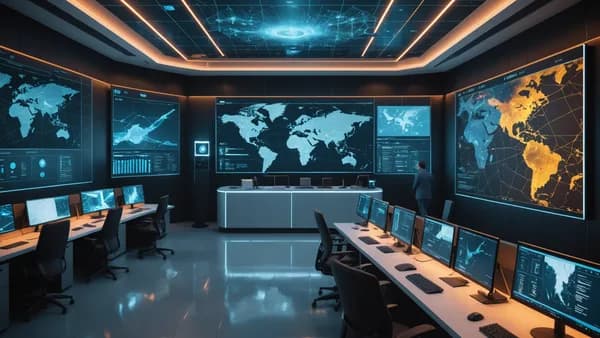 Futuristic security operations center with holographic threat maps and neural networks symbolizing digital risk assessment.