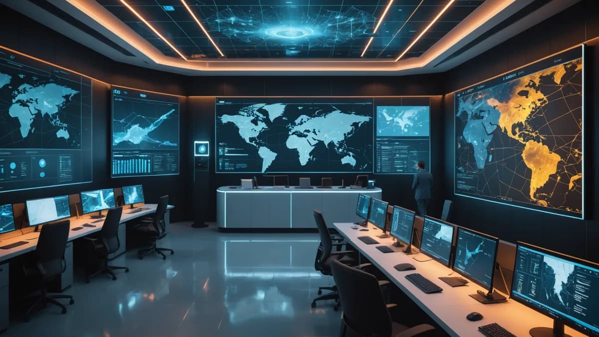 Futuristic security operations center with holographic threat maps and neural networks symbolizing digital risk assessment.