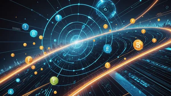 Abstract holographic dashboard showing banking strategies shifting from digital deposits to fee income accumulation in a futuristic control room.