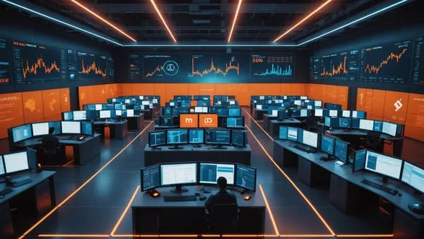 Abstract photorealistic trading floor with a glowing data visualization representing a clash in crypto futures market positions.