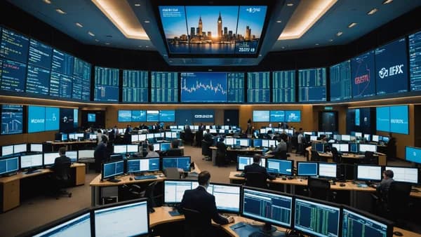 Cinematic view of a trading floor with forex charts showing British Pound strength on glowing screens.