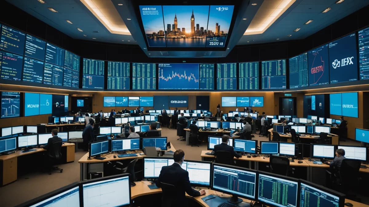 Cinematic view of a trading floor with forex charts showing British Pound strength on glowing screens.